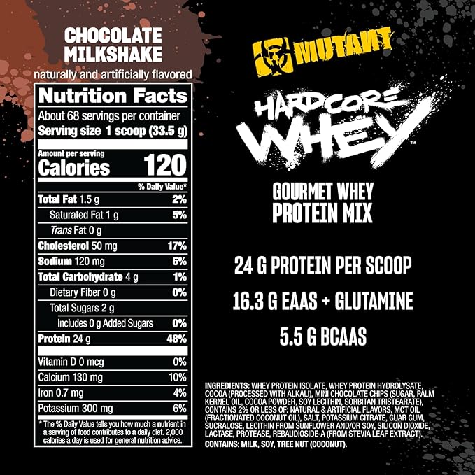 Mutant Hardcore WHEY | 100% Pure Whey Protein | 24g Protein Fast-digesting whey Protein Isolate Plus whey Protein hydrolysate | 68 Servings | 5 LB | Chocolate