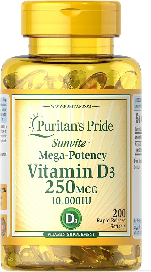 Puritan's Pride Vitamin D3 250 mcg (10000 IU) Softgels 200 Count