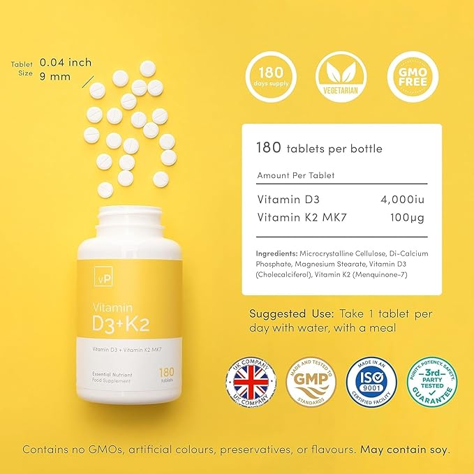 vP Vitality Pro Vitamin D3 4000 iu with Vitamin K2 100ug x 180 Tablets - Third Party Tested - Vitamin D Supplement with K2 MK7 - Vitality Pro