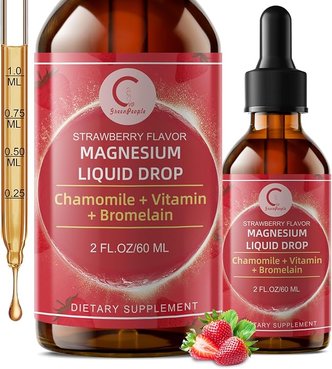 Magnesium Glycinate Liquid with Chamomile Hawthorn &amp Ginger for Stress Relief and Digestive Comfort Fast Absorption Non-GMO Vegan Formula Sugar Free Strawberry Flavor 2 Fl OZ
