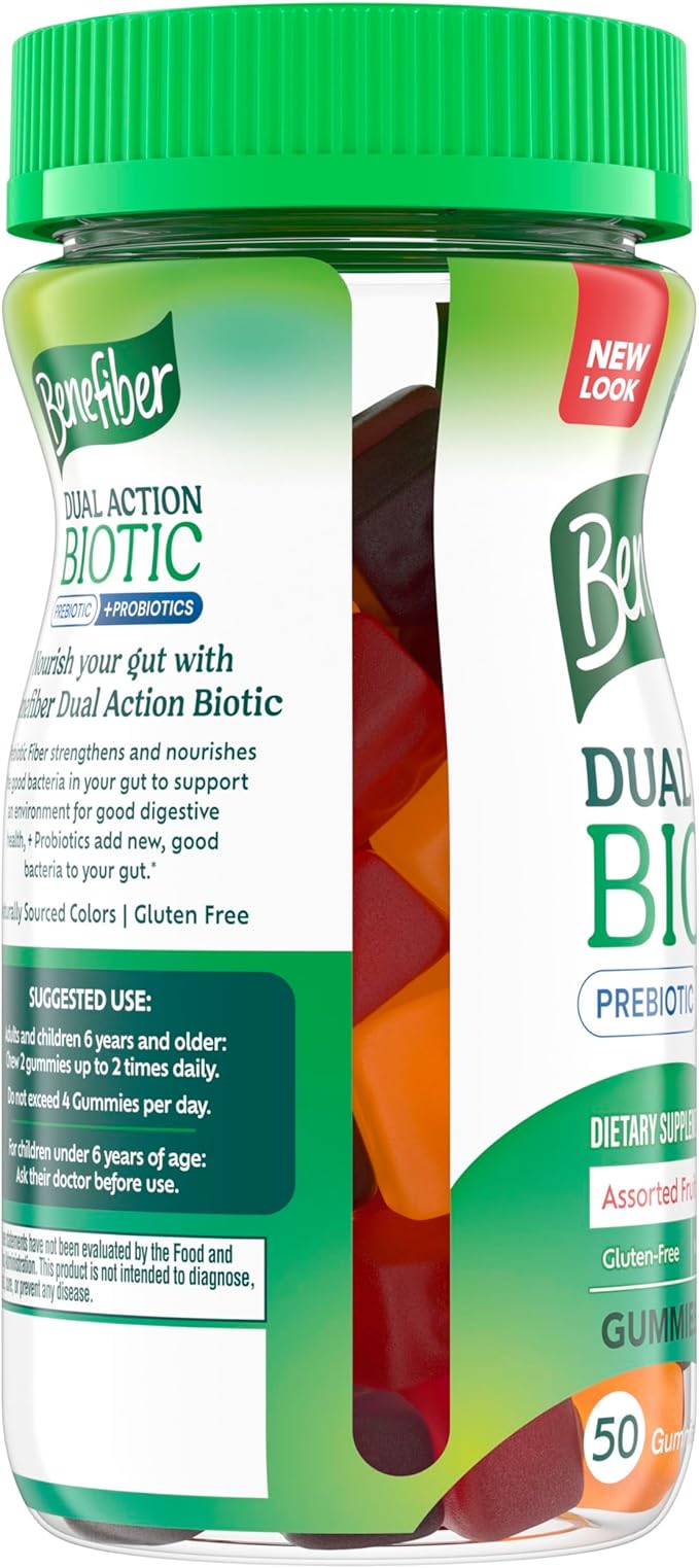 Benefiber Prebiotic Fiber Supplement Gummies with Probiotics for Digestive Health Assorted Fruit Flavors - 50 Count