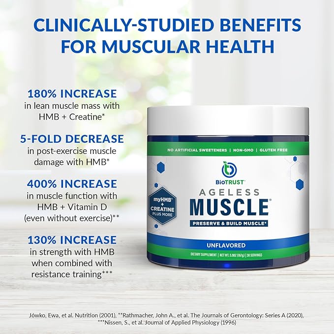 BioTrust Ageless Muscle Builder - Creatine HMB Powder with Vitamin D3 &amp Betaine - Build &amp Preserve Naturally Declining Muscle Mass &amp Strength - Unflavored 30 Servings