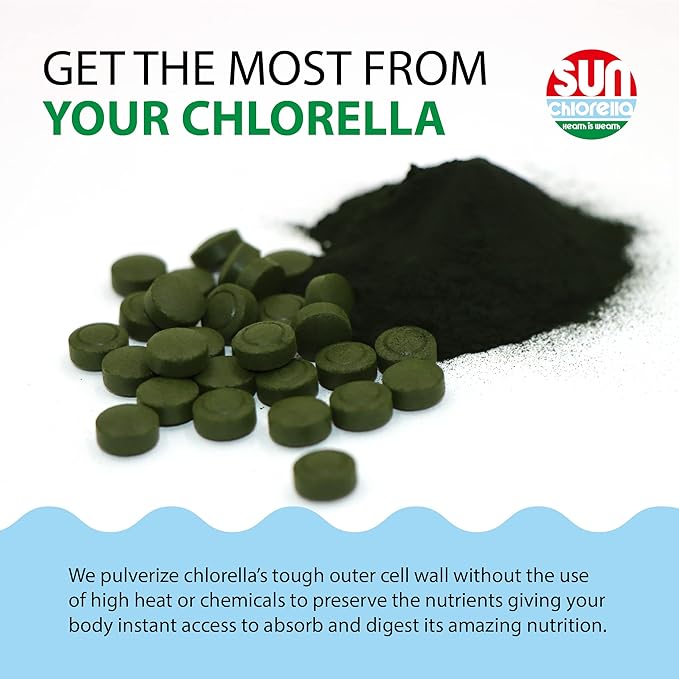Sun Chlorella 200 mg Green Algae Superfood Supplement - Pulverized Cell Wall - Chlorophyll CGF Active B12 Iron Protein - Non-GMO - 1500 Tablets