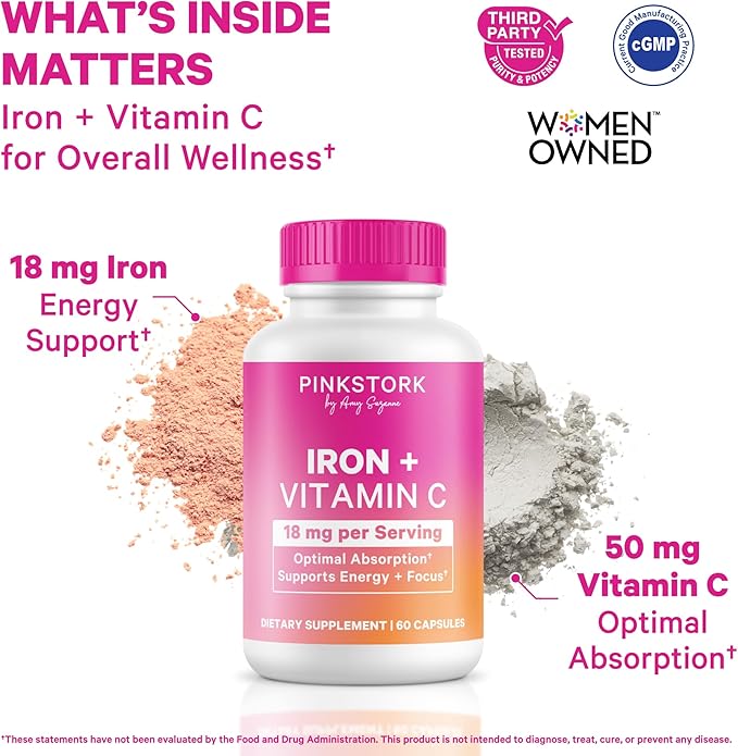 Pink Stork Iron for Women – 18 mg Non-Constipating Iron Bisglycinate + Vitamin C for Optimal Absorption – Energy Focus &amp Oxygen Supply – PMS Pregnancy Postpartum &amp Perimenopause - 60 Capsu
