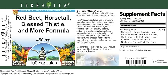 Red Beet Horsetail Blessed Thistle and More Formula - 450 mg (100 Capsules ZIN: 512555)
