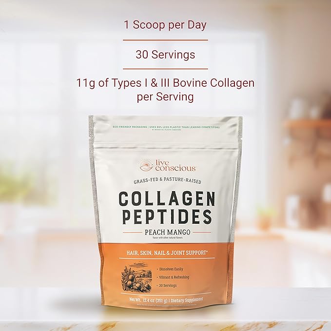 Live Conscious Beyond Greens &amp Collagen Peptides Peach Mango| Mushroom Coffee Alternative Low Caffeine + Hair Skin Nail and Joint Support