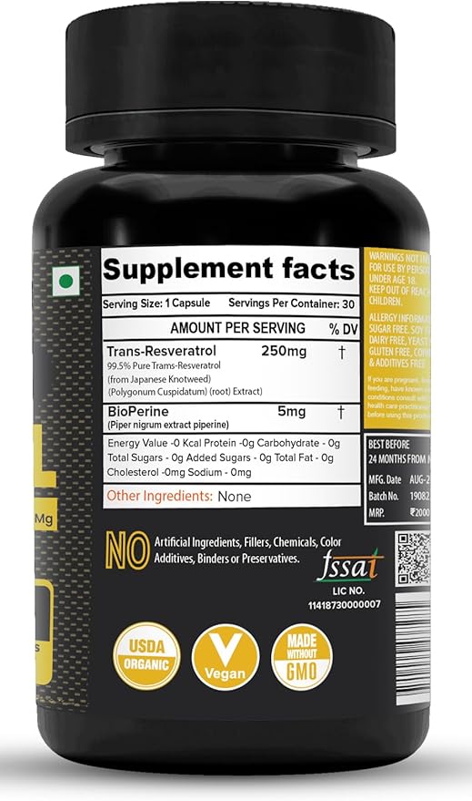 Trans Resveratrol 250MG Capsules - 99.5% Pure Micronized and Highly Bioavailable Supplement | Slow Down Aging Proven Powerful Anti-Oxidant | Improves Metabolism &amp Heart Health (30 Capsules)