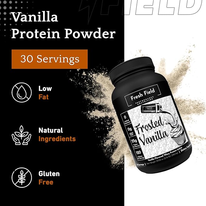 Fresh Field Vanilla Protein Powder - 25g Whey Protein Isolate Gluten-Free &amp Soy-Free Sugar-Free 30 Servings - Natural Whey Protein Powder for Workout Fitness &amp Nutrition Shakes - 2.16 lb