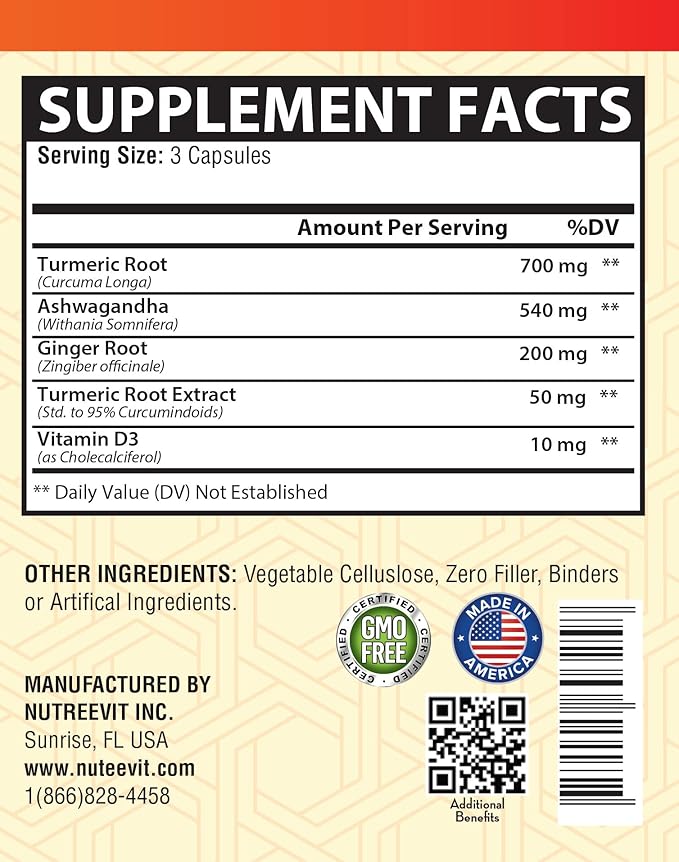 NutreeVit Organic Turmeric with Ashwagandha &amp Ginger - 90 Capsules | Ashwagandha Root &amp Turmeric Supplement with Vitamin D3 | Herbal Supplement for General Wellness