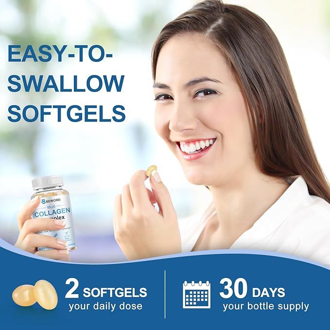Multi Collagen Softgels for Women &amp Men 180 Capsules - Type IIIIIIVX Hydrolyzed Collagen w/Vitamin C &amp Hyaluronic Acid - Supports Skin Hair Nails Joints - Grass-Fed Non-GMO 3 Pack