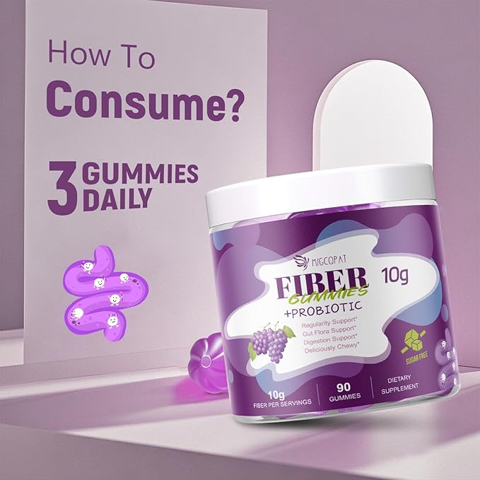 10G Fiber Gummies with 30 Billion CFU Probiotics Grape Flavor Bloating Support Fiber Supplement with Vitamin C ACV Inulin Sugar Free 180 Count