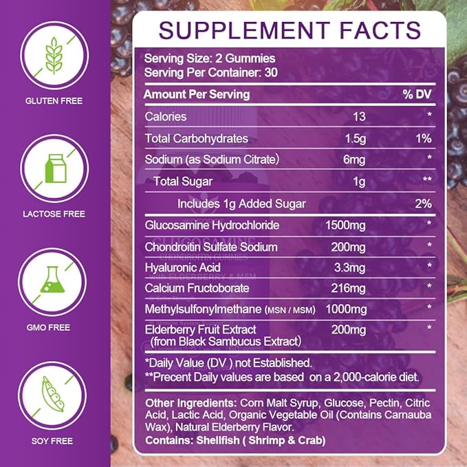 WOGORGT Glucosamine Chondroitin Gummies for Women &amp Men - 1500mg Glucosamine Chondroitin with MSM &amp Elderberry - Flexibility &amp Immune Support - 60 Gummies (2 Pack)