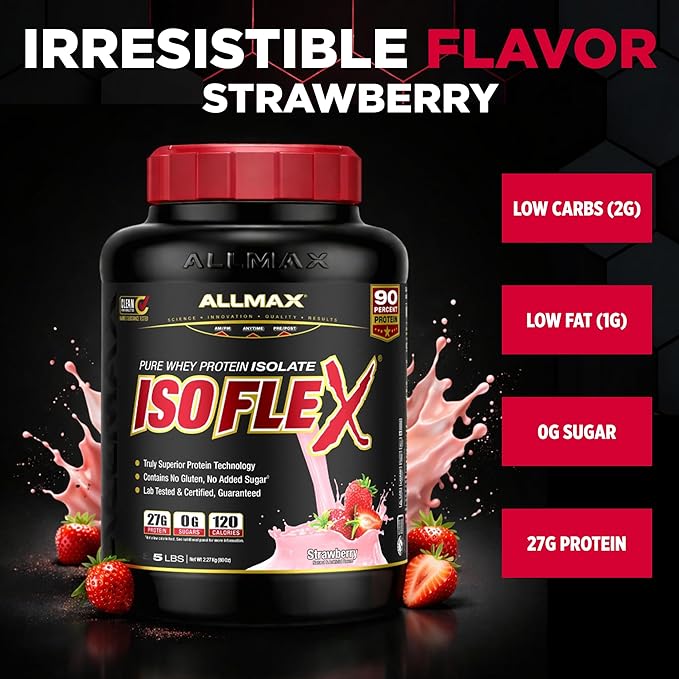 ALLMAX ISOFLEX Pure Whey Isolate Protein Powder - Gluten Free Low Lactose Sugar-Free - High-Protein Clean Keto-Friendly for Pre Post Workout Supplement for Women and Men | Strawberry 5lb