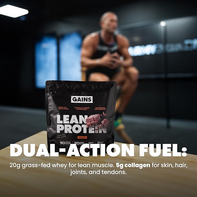 Gains in Bulk Lean Protein Powder with Collagen Peptides Gluten Free Grass Fed Whey 20 G Protein &amp 5 G Collagen Plant Enzymes to Support Digestion Natural Ingredients Brownie Flavor 27 Servi