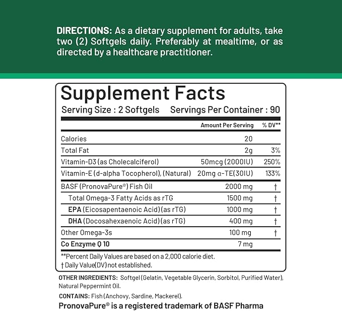 rTG Omega 3 Norwegian Fish Oil with CoQ10 Dietary Supplement- Heart Health &amp Antioxidant Support with Vitamins D &amp E – 2000 mg Sustainably Sourced – Super rTG Omega 3 180 Softgels by CGM Labs