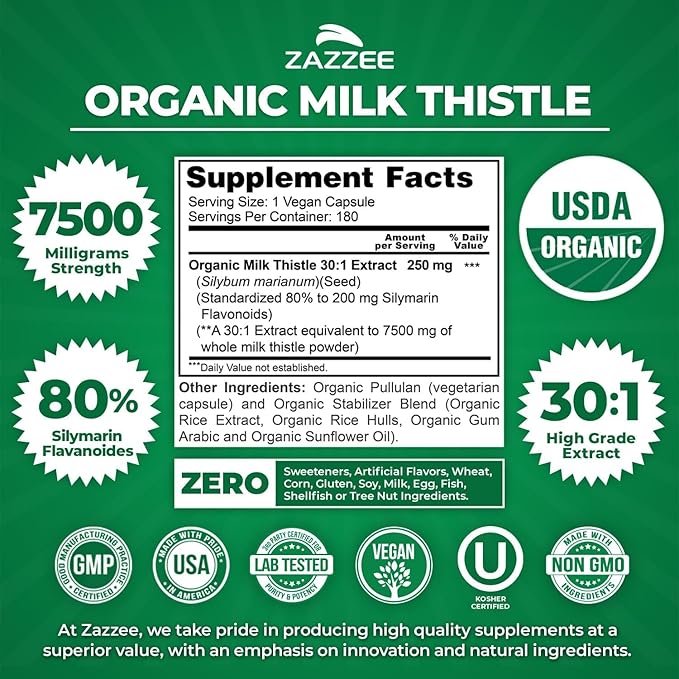 Zazzee USDA Organic Milk Thistle and Dandelion Root Supplement | 10:1 Organic Dandelion Root Extract Plus 30:1 Milk Thistle Extract | Liver Cleanse Detox Bundle (180 Servings Each)