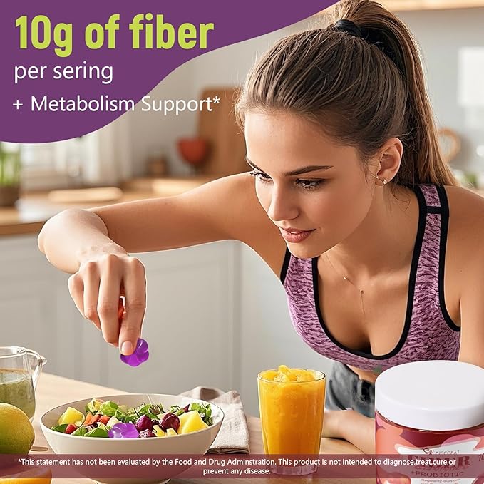 10G Fiber Gummies for Adults No Sugar Added Grape Flavor Fiber Supplement with 30 Billion CFU Probiotics Blend ACV Vitamin C Inulin Support Digestive Health 90 Count