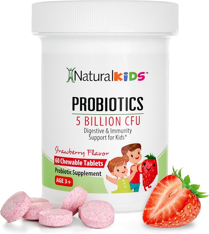 NaturalSlim Kids Probiotics for Digestive &amp Gut Health Immune Support 5 Billion CFU with LGG BB-12 &amp 4 Probiotic Strains 35 mg Calcium for Children Ages 3+ Strawberry Flavor 60 Chewable