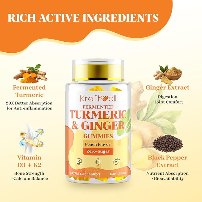 Turmeric Curcumin with Ginger Gummies Vegan Formula with Fermented Turmeric &amp Black Pepper Joint Comfort &amp Mobility Sugar-Free with Vitamin D3 + K2 Natural Peach Flavor – 150 Gummies (2 Bo