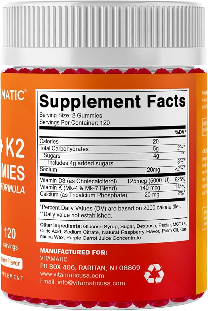 Vitamatic Vitamin D3 K2 with Calcium Gummies - 240 Count - Non-GMO Gluten Free