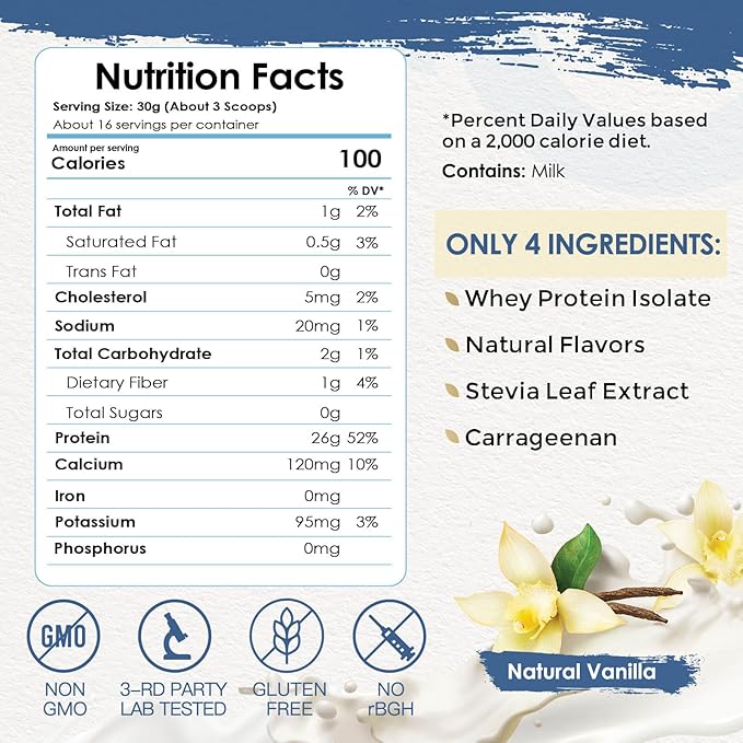 NATURE TARGET Whey Protein Powder - 100% Whey Isolate Protein Powder Vanilla 26G Protein 0 Sugar for Women &amp Men 1.1LB