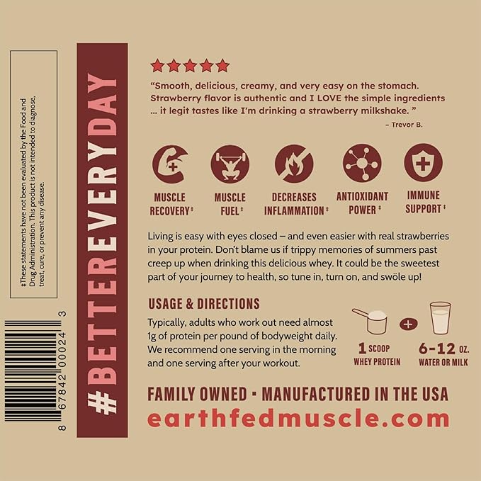 Earth Fed Muscle Strawberry Feels (Forever) – Irish Truly Grass‑Fed Whey Protein Isolate No Sugar Soy‑Free Gluten‑Free (2 lb 29 Servings Strawberry)