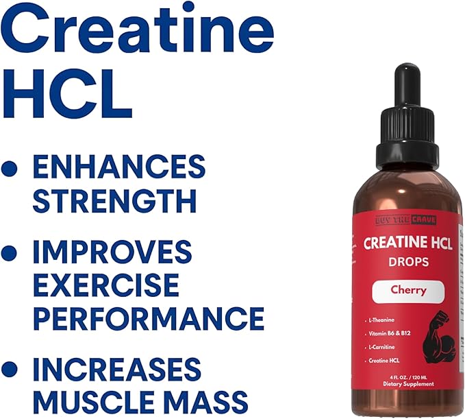 Creatine HCL Liquid Drops for Men &amp Women - 2ml Per Serving L-Theanine Vitamin B12 &amp B6 L-Carnitine - High Absorption 4 Fl Oz (120ml) (4 FL OZ Cherry)