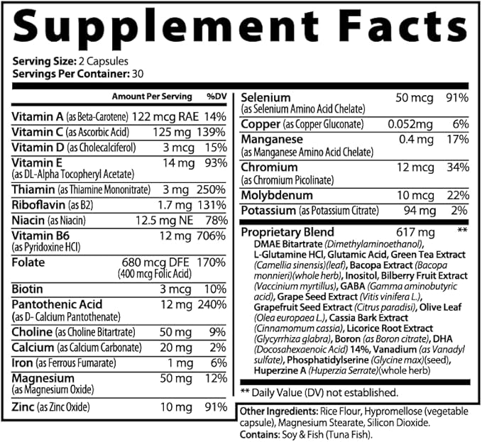 Brain &amp Focus Formula Supplement Multivitamin Improve Memory and Clarity Boost for Men and Women 60 Capsules