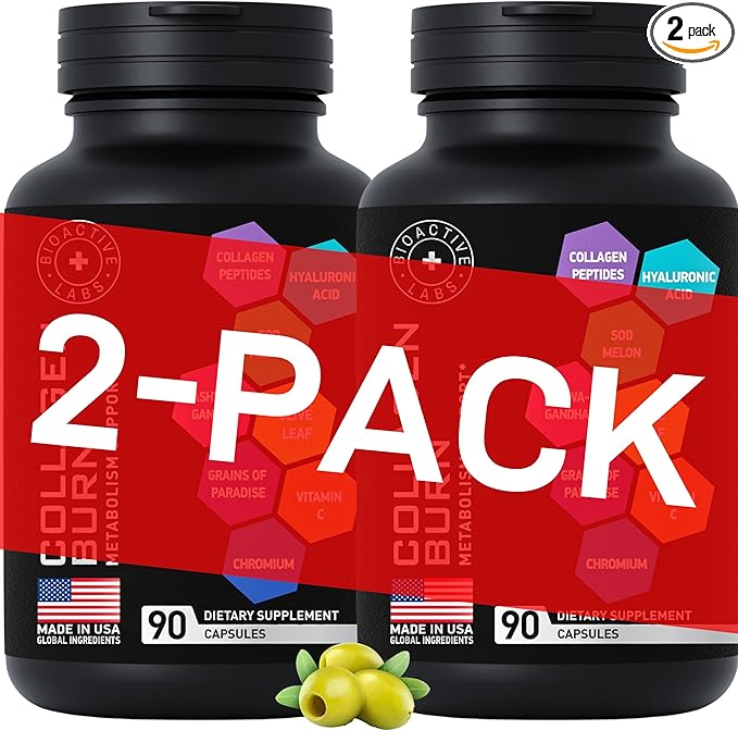 Thermogenic Multi Collagen Burn Capsules - Hydrolyzed Collagen Peptides Plus Hyaluronic Acid - Advanced Type I II III V X - 2-Pack 180 Collagenic Burn Caps
