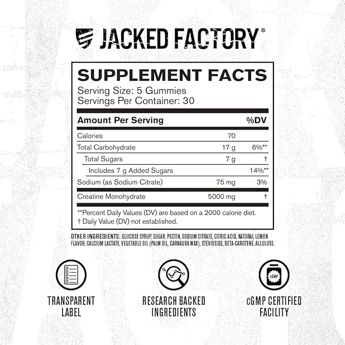 Jacked Factory Creatine Monohydrate Gummies (150 Gummies Lemon) &amp Creatine Monohydrate Powder (85 Servings Unflavored)