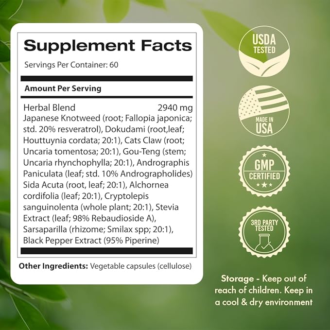 Samsara Herbs Tick Immune Support - Japanese Knotweed Cats claw Andrographis Cryptolepis Sarsaparilla Resveratrol Tick Bite Support 240 Capsules