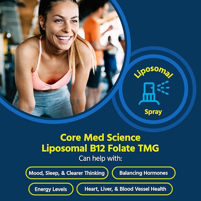 Core Med Science Liposomal B12 Folate TMG Liquid Spray Supplement for Women &amp Men - Supports Mood Cognitive &amp Heart Health - Vitamin B9 &amp Betaine for Homocysteine Levels &amp Methylatio