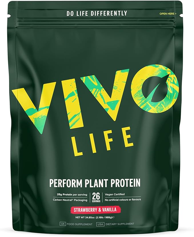 Vivo life Perform Plant Protein Powder - Pea &amp Hemp Protein Blend with BCAA (34.85 oz Strawberry &amp Vanilla)