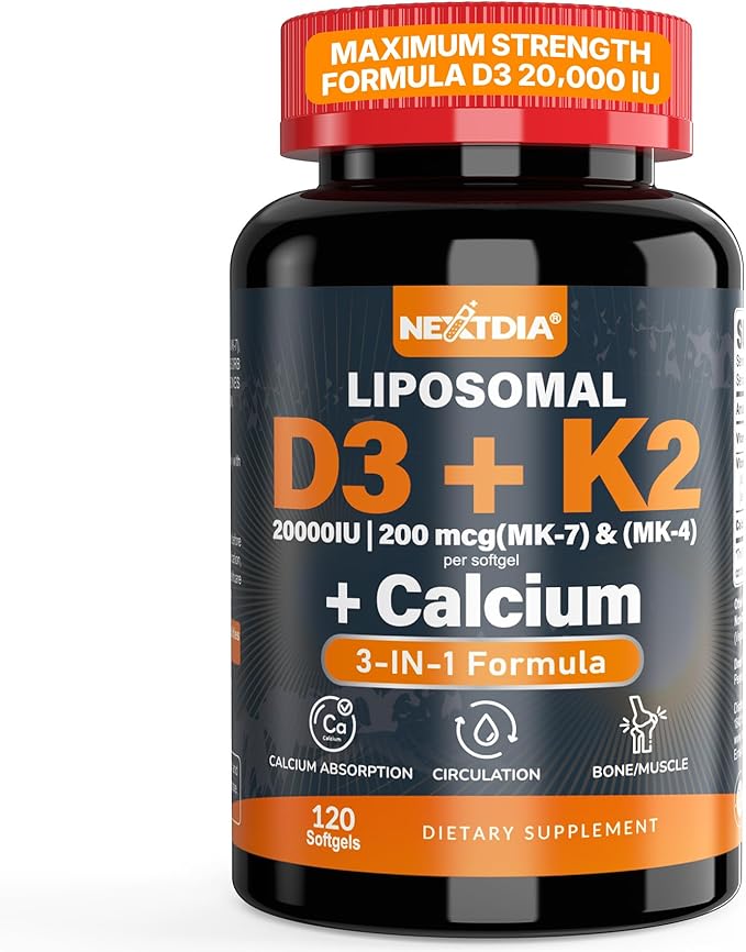 Vitamin D3 20000 IU + K2 Vitamin (MK4 &amp MK7) 200mcg + Calcium Citrate Optimal Vitamin D3 K2 Softgel - Strong Bone &amp Muscle Calcium Absorption Helping Vitamin D Deficiencies Easy to Swallo