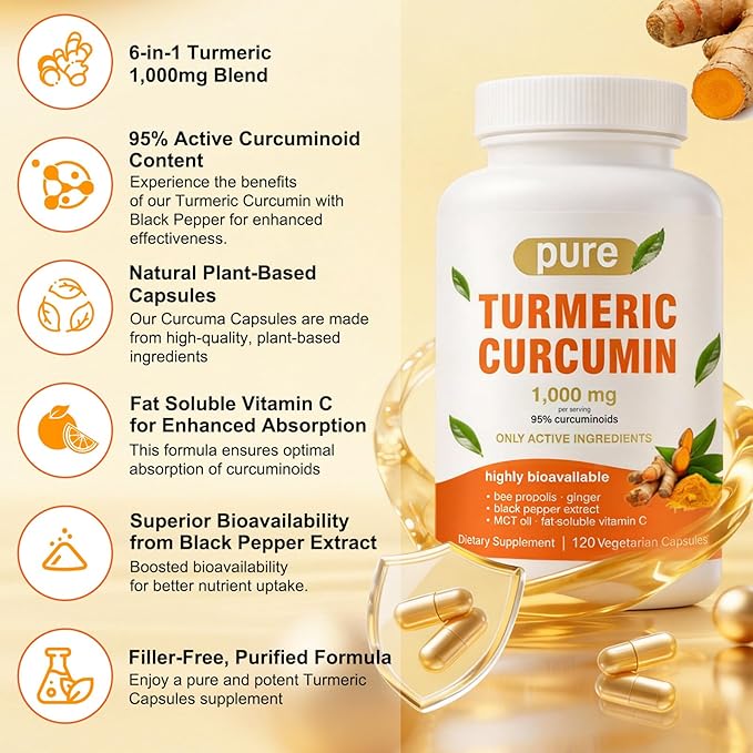 Turmeric Curcumin Supplement 1000mg with Black Pepper Extract High Absorption Turmeric Supplement with 95% Curcuminoids for Body Support Gluten Free 120 Capsules with Curcuma Ginger MCT Oil