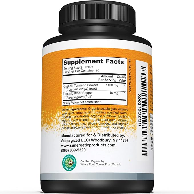 Sunergetic USDA Certified Organic Turmeric Supplement – Includes Organic Turmeric &amp Organic Black Pepper – 1400mg of Turmeric per Serving - 180 Count (Pack of 1)