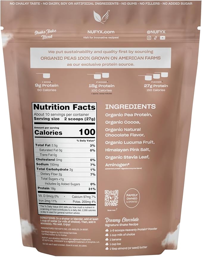 NUFYX® • Heavenly Protein® Powder • World’s Finest 100% Organic American Grown Peas • Vegan • Gluten Free • Low Carb (Dreamy Chocolate 20 Scoops)