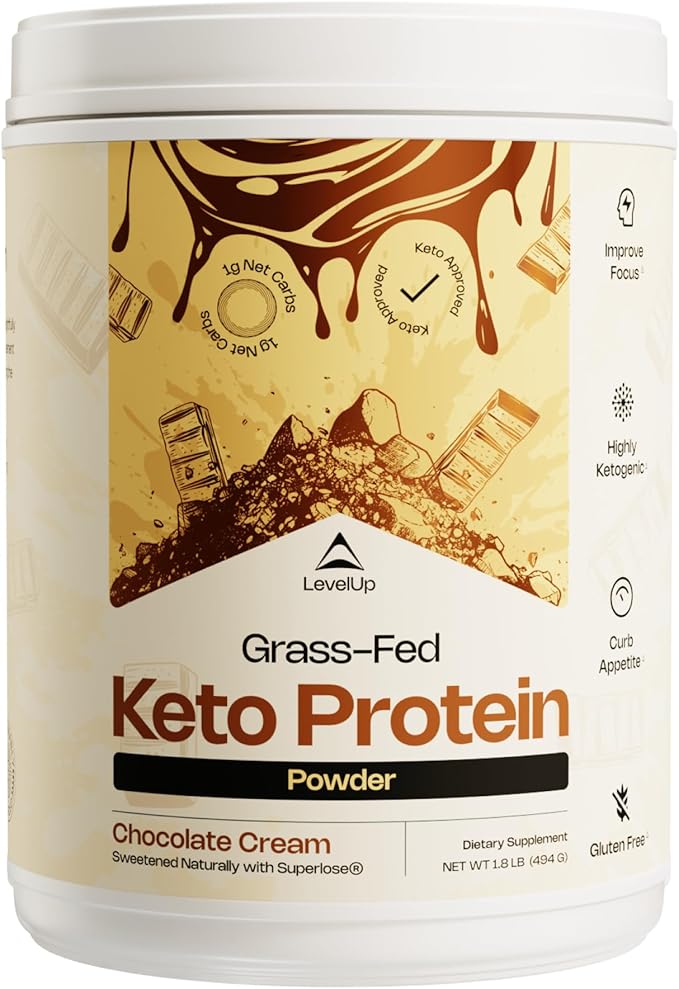 LevelUp 𝗪𝗜𝗡𝗡𝗘𝗥 - 𝗕𝗘𝗦𝗧 𝗞𝗘𝗧𝗢 𝗣𝗥𝗢𝗧𝗘𝗜𝗡 Grass-fed Collagen Protein Powder C8 MCT Oil Whey Protein Isolate Irish Butter Ketogenic Protein Shake Supplement (Chocolate Cream)