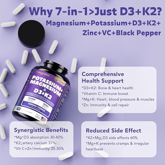 Magnesium Potassium Vitamin D3 K2 10000IU Supplement and Liver &amp Kidney Cleanse Detox &amp Repair Support Supplement