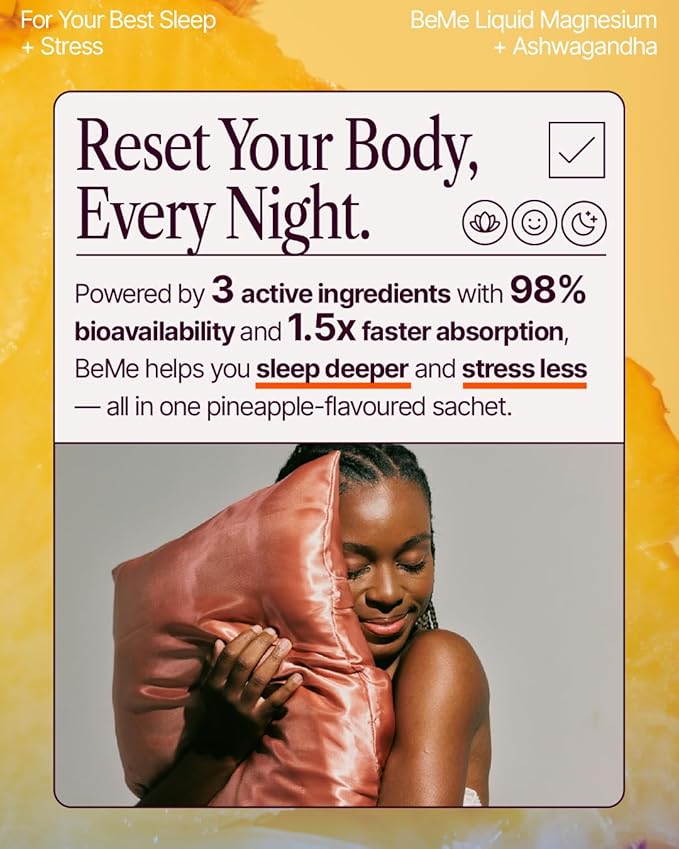 BeMe Magnesium Drink for Sleep - Melatonin-Free Magnesium for Sleep with Ashwagandha L-Theanine &amp GABA - Fast-Absorbing Calm Pineapple - 15 Sachets