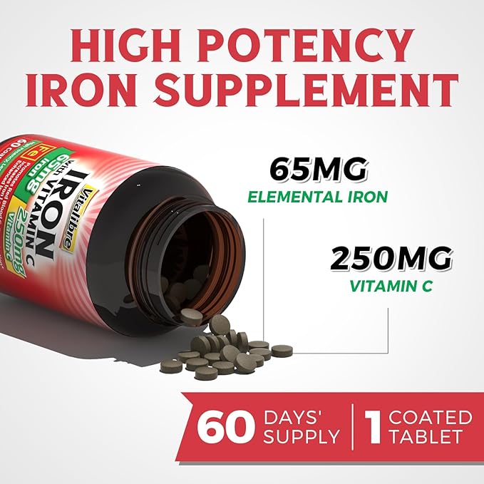 Iron Supplement 65mg Carbonyl Iron with 250mg Vitamin C + Vitalibre Women's Probiotics 100 Billion CFU 15 Strains w/Prebiotic Cranberry Vitamin B6 &amp VC