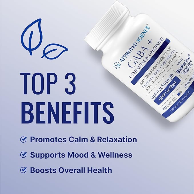 Approved Science GABA+ - Promote Calm Improve Sleep Boost Mood - GABA L-Theanine L-Arginine Vitamin B6 BioPerine - High Absorption - 360 Capsules - Vegan
