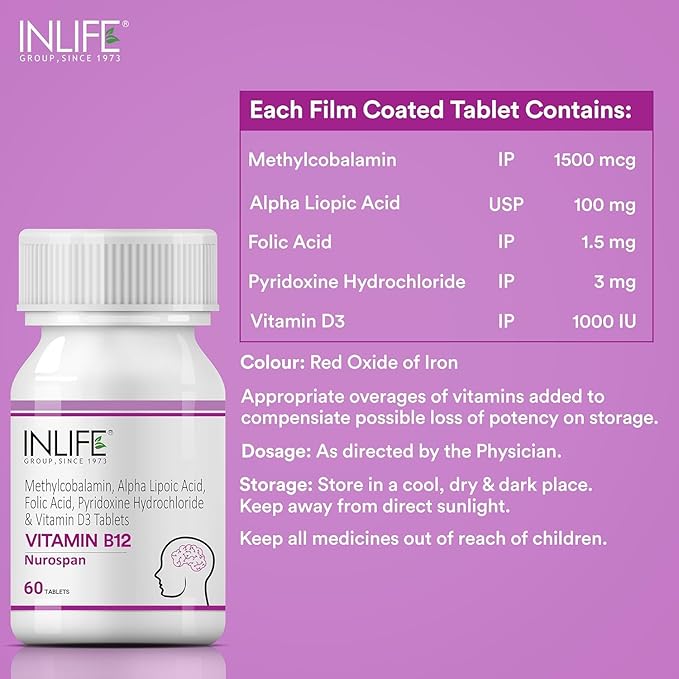 Vitamin B12 (Methylcobala.min) 1500mcg Supplement with ALA Folic Acid Vitamin D3 | Nerve and Brain Health for Men &amp Women – 60 Tablets