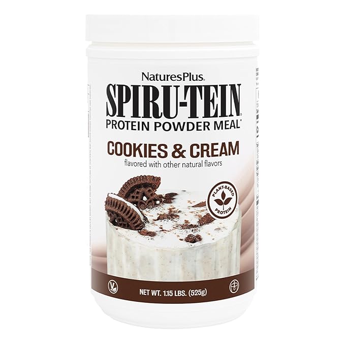 NaturesPlus SPIRU-TEIN Cookies &amp Cream - 1.15 lbs - Plant-Based Protein Shake - Non-GMO Vegetarian Gluten Free - 15 Servings