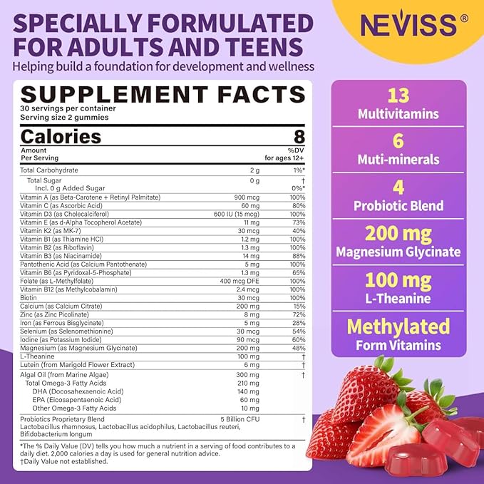Teen Vitamins + Magnesium Glycinate for Boys Girls 12-17 Teens Methylated Multivitamin Gummies w/ Omega-3 L-Theanine for Teenager Kids Calm Focus Gummy Supplment 23-IN-1 Formula Sugar Free 120ct
