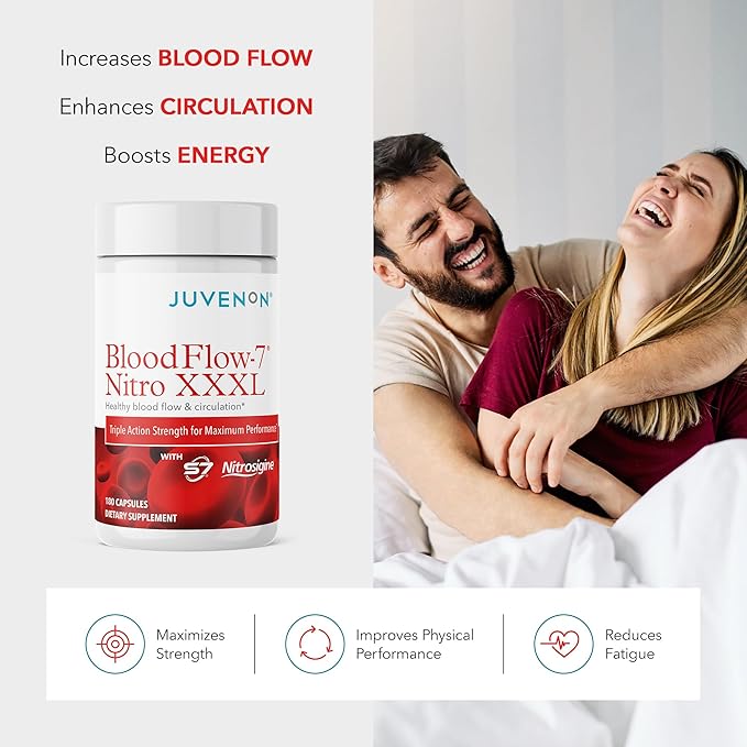 Juvenon BloodFlow-7 XXXL Nitric Oxide Supplements for Men &amp Women - More Powerful Longer Lasting Natural Nitric Oxide Booster with Nitrosigine® + S7® - Blood Flow &amp Circulation Support (1-Pac