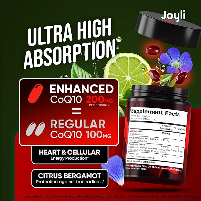 High Absorption CoQ10 200MG - Co Q10 200mg Softgels for Heart Health &amp Energy Production - Enhanced Co Q 10 Supplement with Antioxidants and Flaxseed Oil - CoQ10 200 mg Per Serving