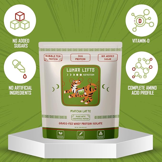 Lunar Lifts Nutrition Matcha Latte - Boba Tea Protein Powder | 26g Whey Protein Isolate Matcha Powder | Ceremonial-Grade Matcha Bubble Tea Protein Powder | No Added Sugar &amp Artificial Ingredients
