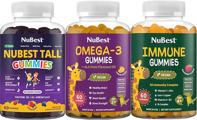 NuBest Triple Bundle for Bone Brain Eye and Development for Kids and Teens Tall Gummies Omega 3 Gummies Immune Gummies