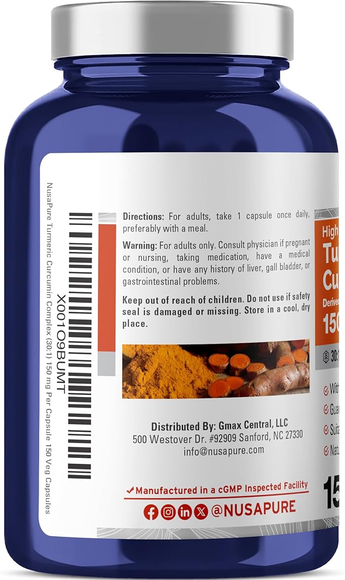 NusaPure Turmeric Curcumin Complex Capsules 150 mg 150 Veg Capsules (Gluten Free Non-GMO)